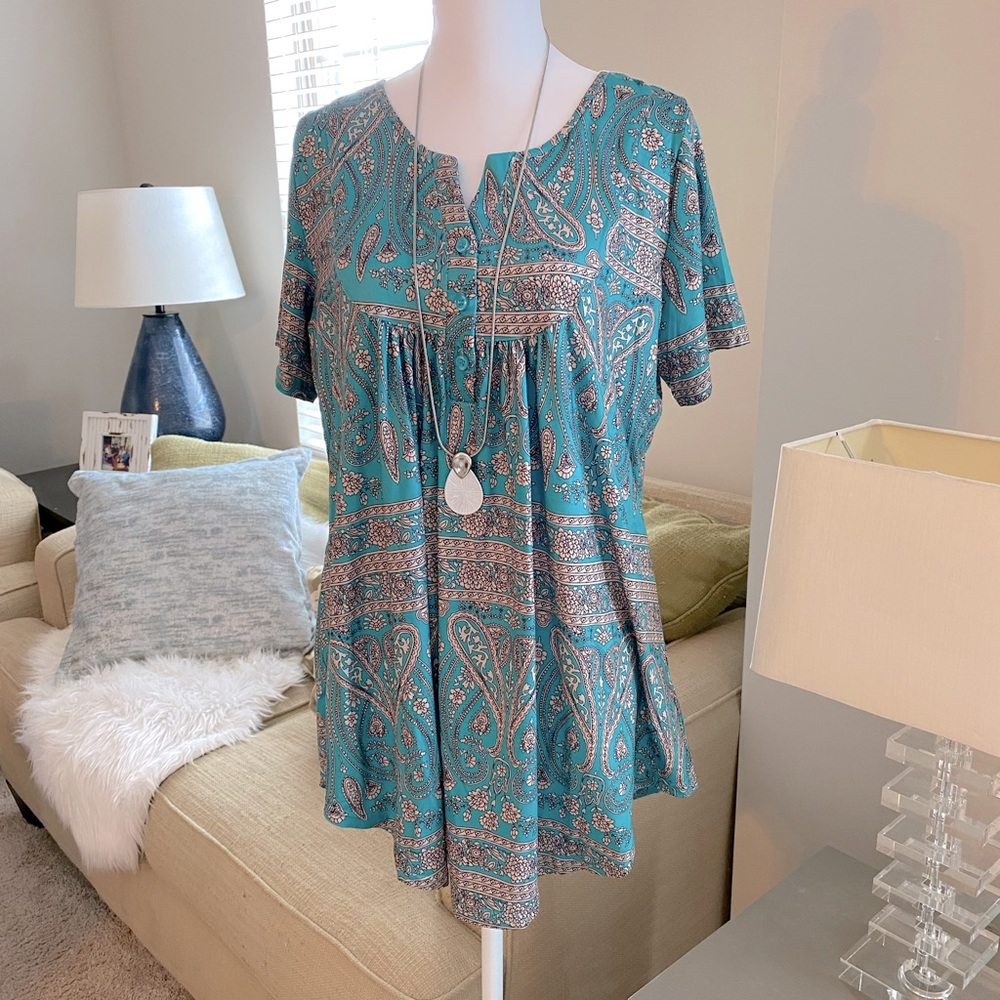 Boho Casual Aqua Green Paisley Print Top 1X